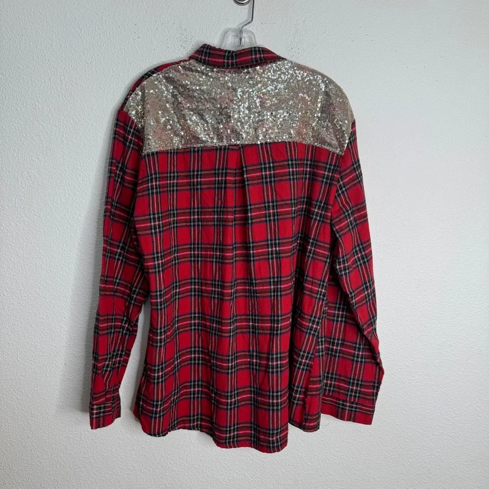 Red Plaid Button-Up Blouse with Sequin Yoke - Picture 8 of 9